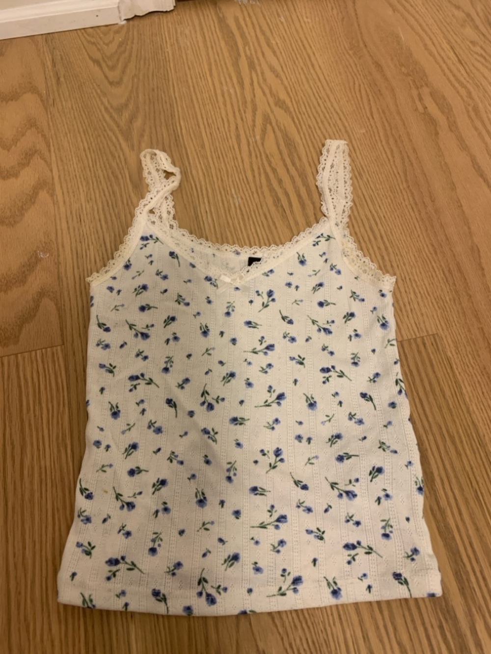 Divided White Tank Top with Blue Floral Print